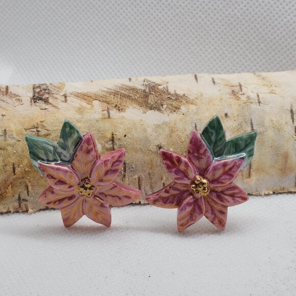Ceramic porcelain poinsettia earrings rose pinkish - Picture 2 of 4
